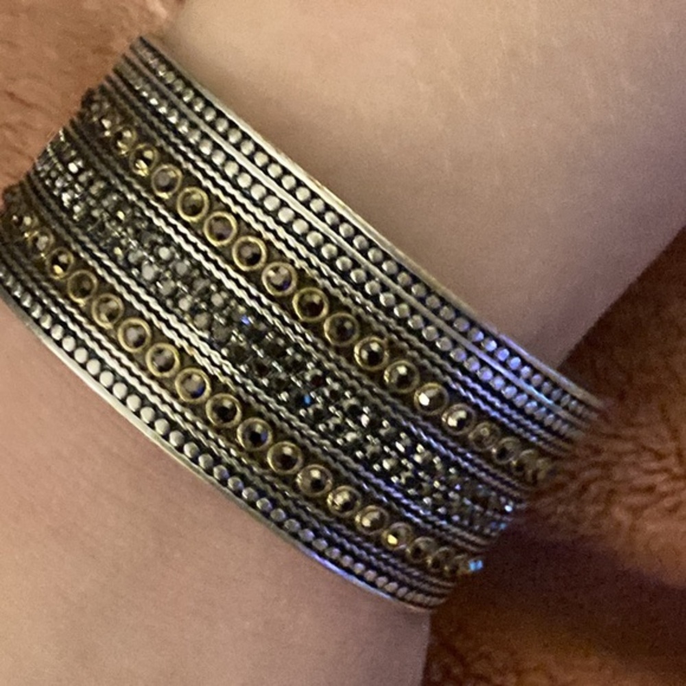 Lucky brand two tone metal cuff bracelet with black rhinestones